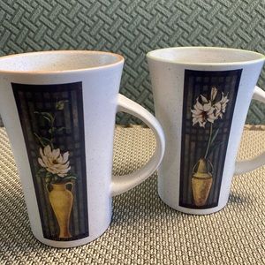 Set of 2 Tall Rustic Tea/Coffee Mugs With Coloured Rims